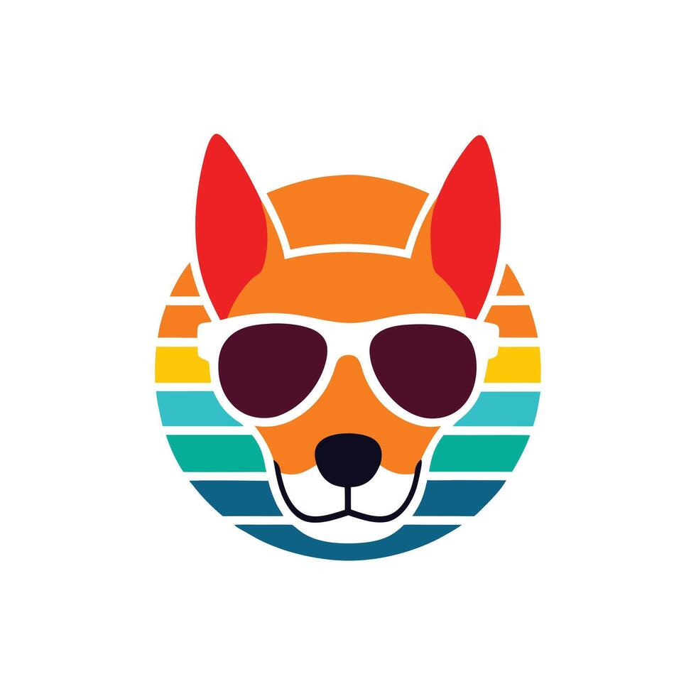 fun dog head with colorful reflective shades on retro sunset vector