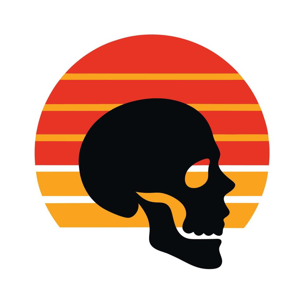 side profile skull silhouette on retro sunset over ocean vector