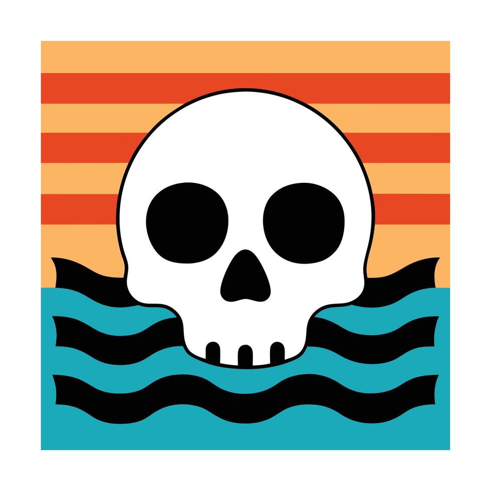 hollow eyed skull silhouette on retro sea wave stripes vector