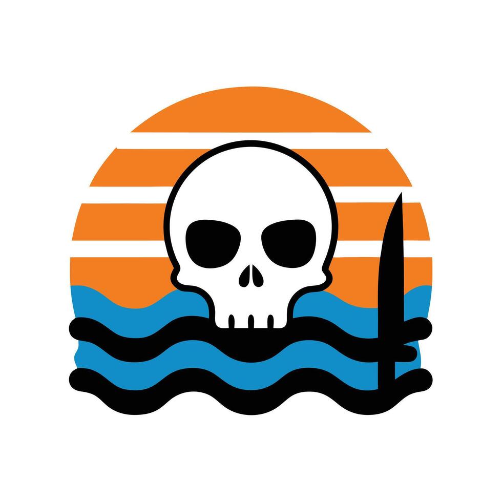 skull and knife silhouette over retro ocean wave vector
