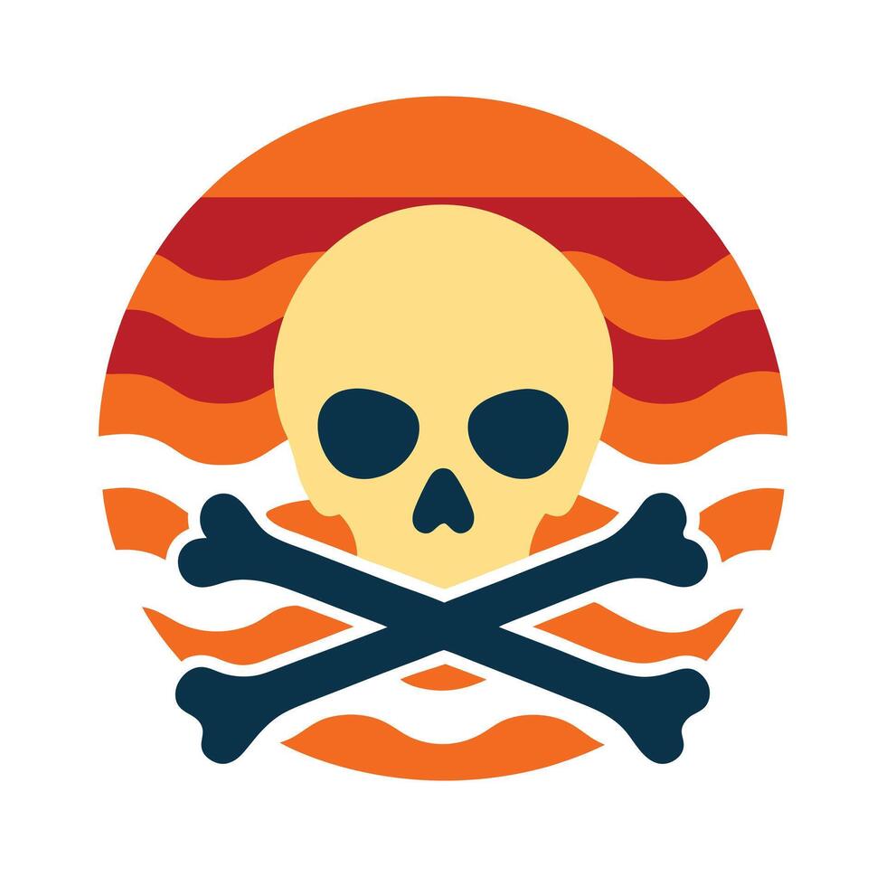 skull and crossbones silhouette on retro ocean wave vector