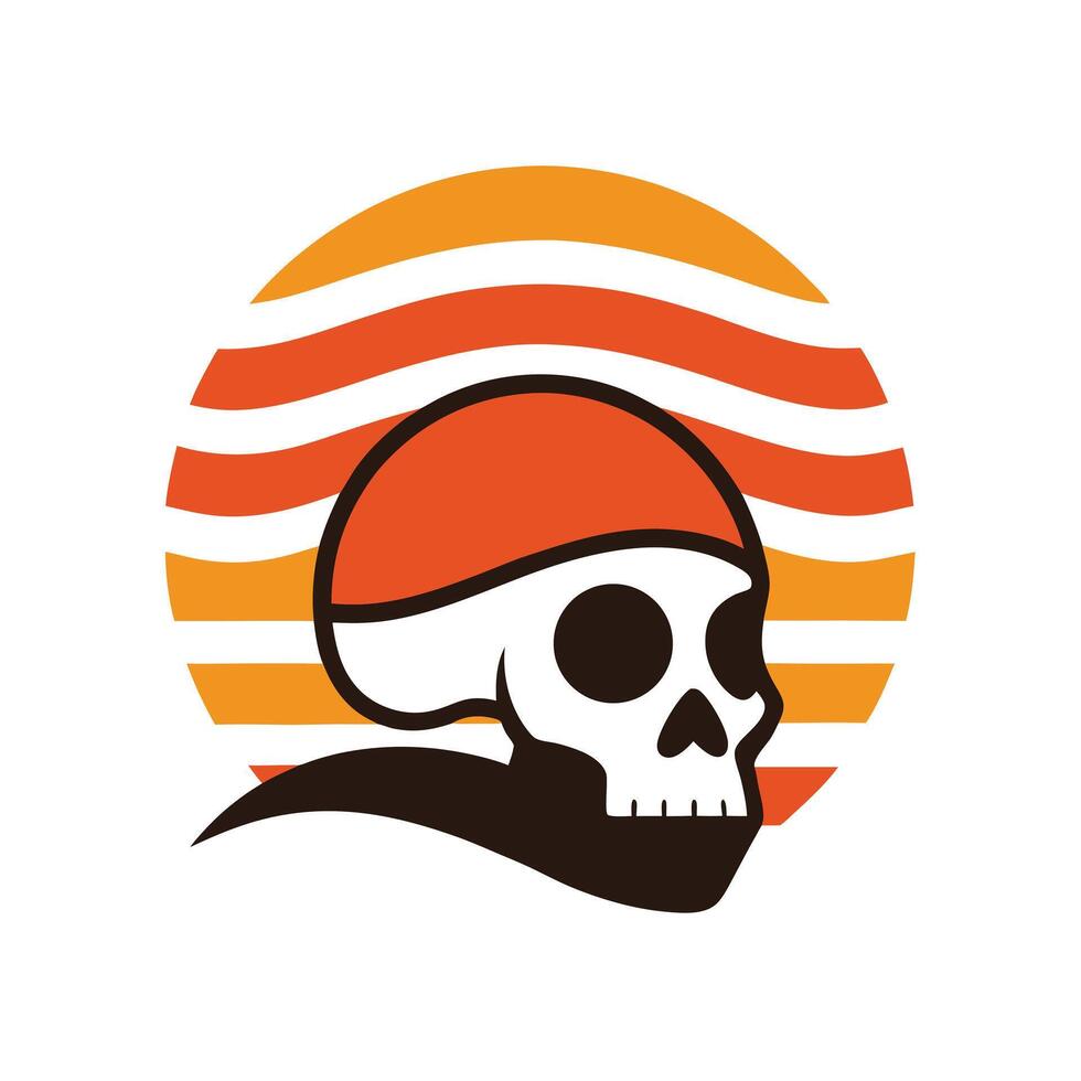 skull in helmet silhouette over retro striped ocean vector