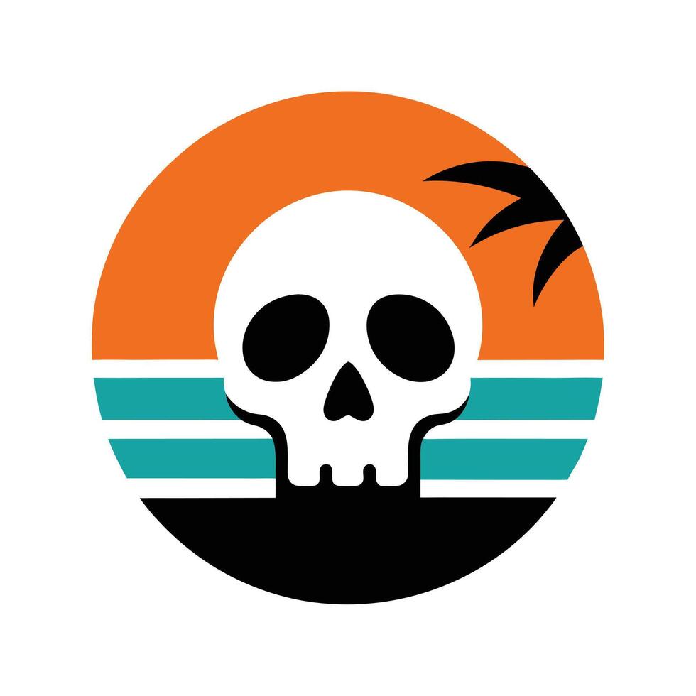 skull silhouette with island theme on retro sunset vector