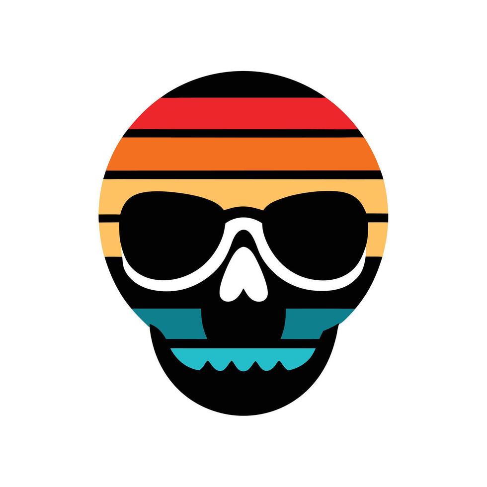 skull in sunglasses silhouette with retro sunset vector