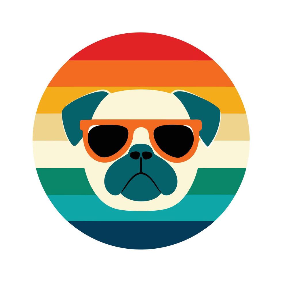 pug head wearing rainbow sunglasses on retro vintage vector