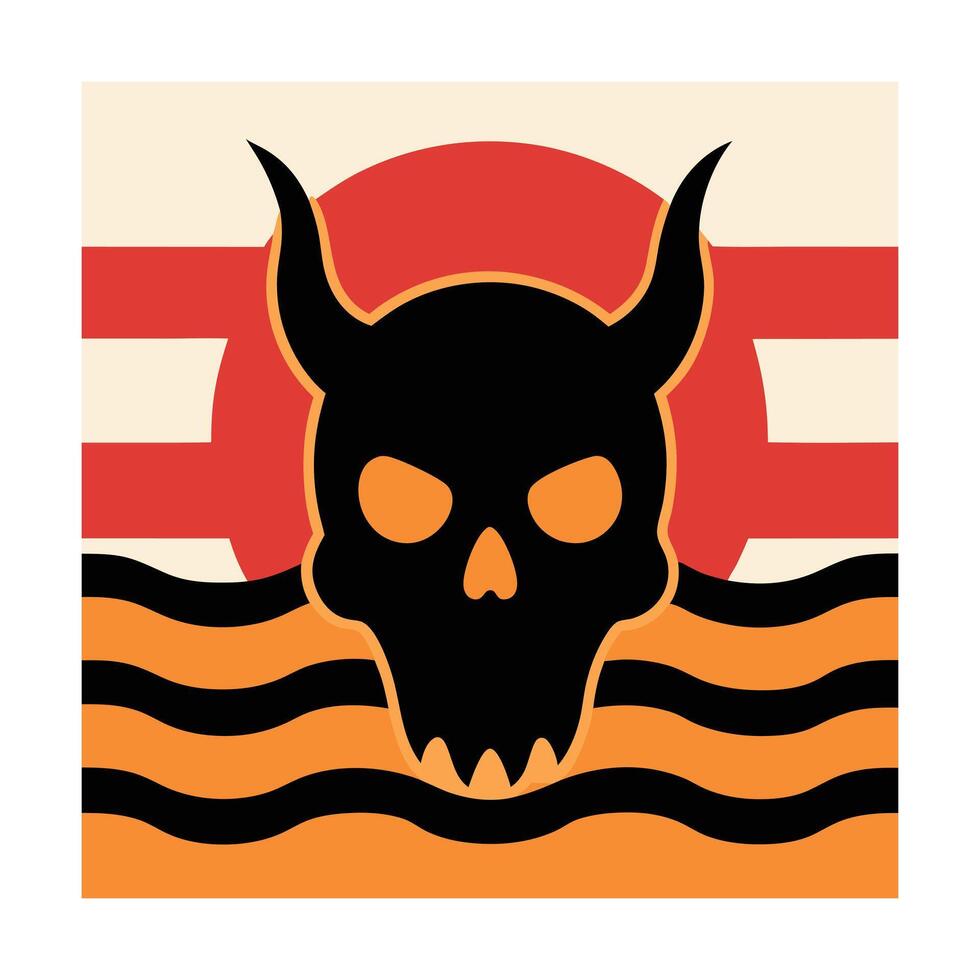 demon skull silhouette on vintage sea wave stripes vector