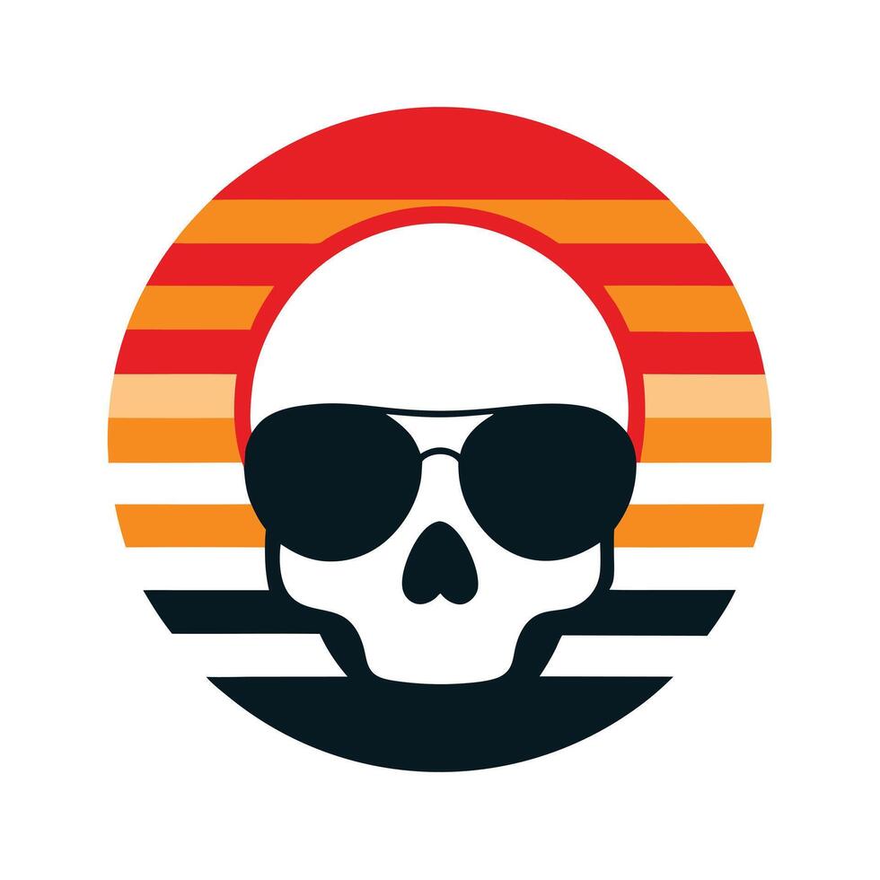 skull with sunglasses silhouette on retro stripes vector