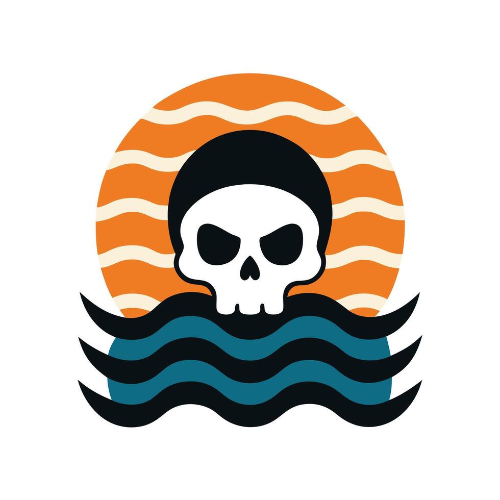 spooky skull silhouette with vintage sunset and waves vector