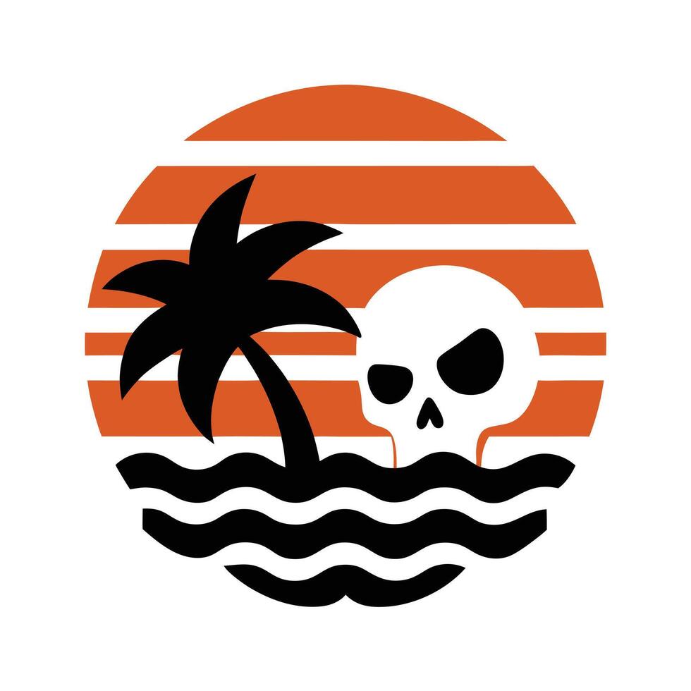 skull with palm tree shadow silhouette over ocean vector