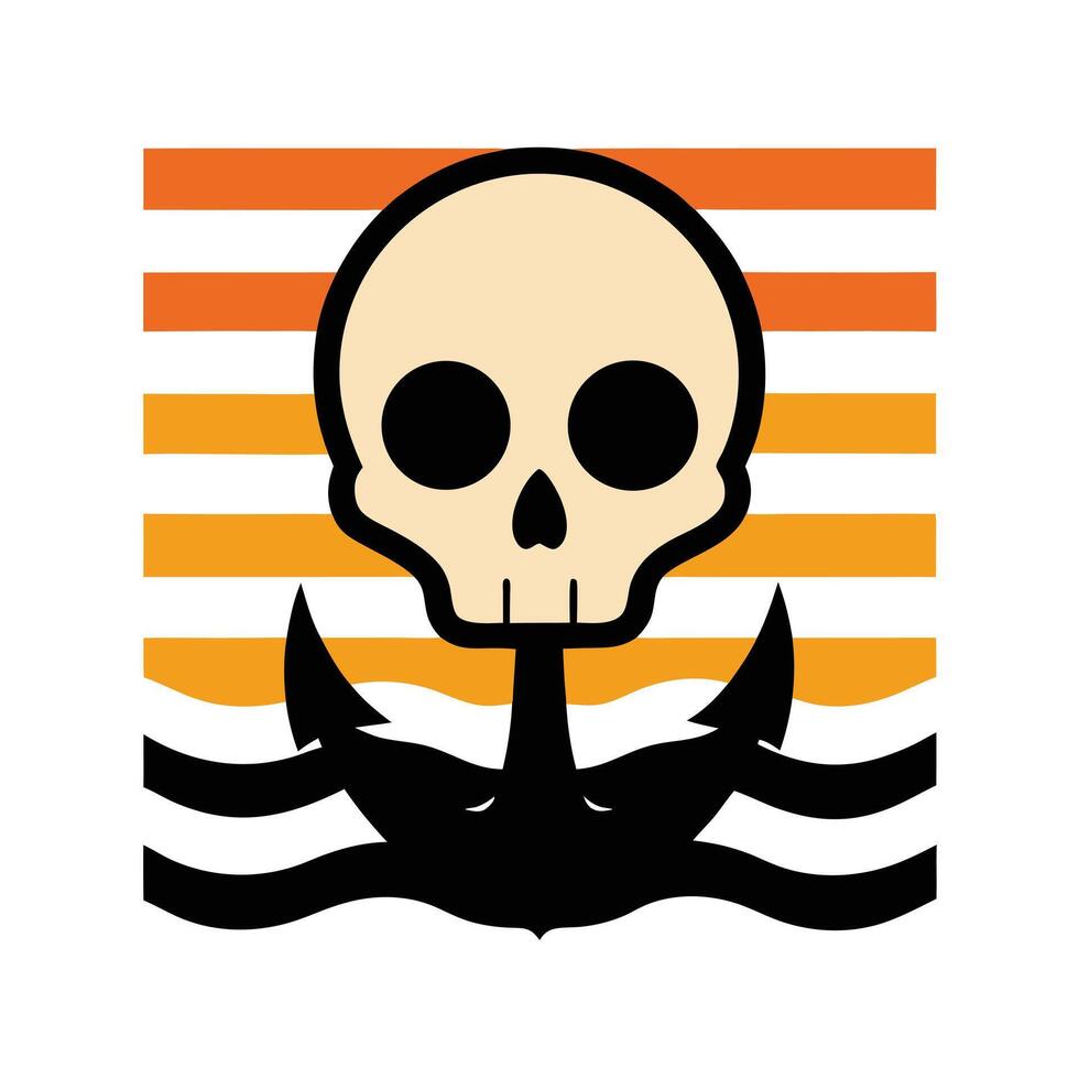 skull with anchor silhouette over retro striped background vector