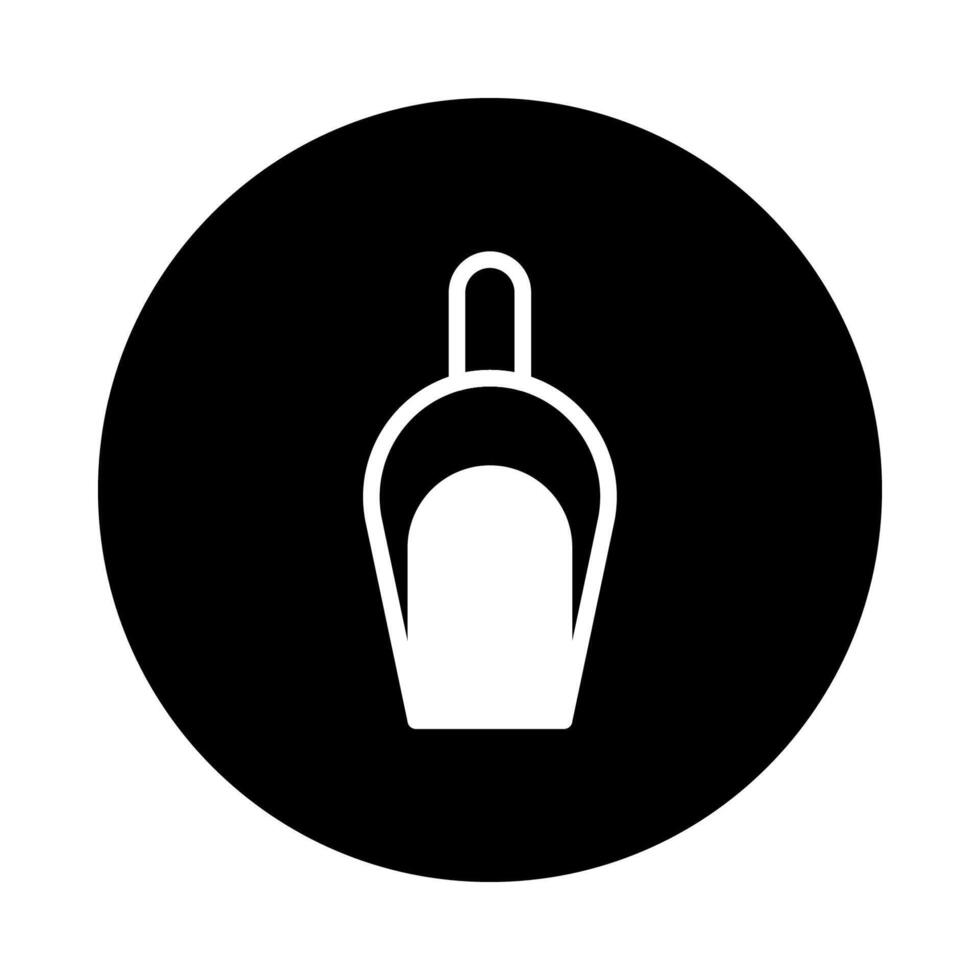 Minimalist white scoop icon on black circle background representing food or product distribution with style vector