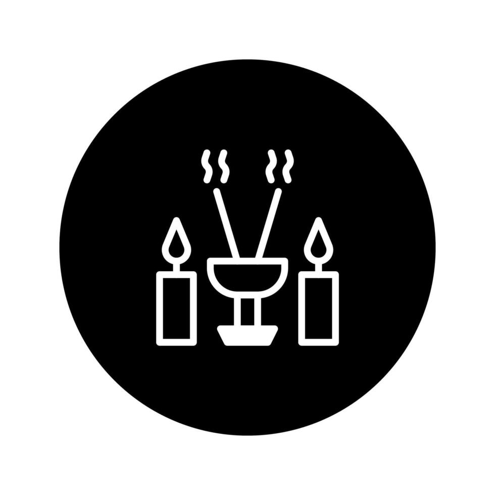 Minimalist illustration showing candles burning next to a chalice with incense sticks in black circle background vector