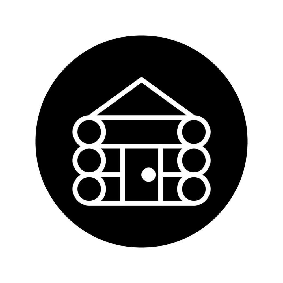 Minimalist log cabin illustration on black circle evokes rustic charm and outdoor adventures offering warmth vector