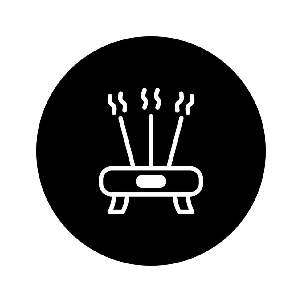 Minimalist incense burner illustration icon showing aroma sticks releasing smoke on black circle background design concept vector