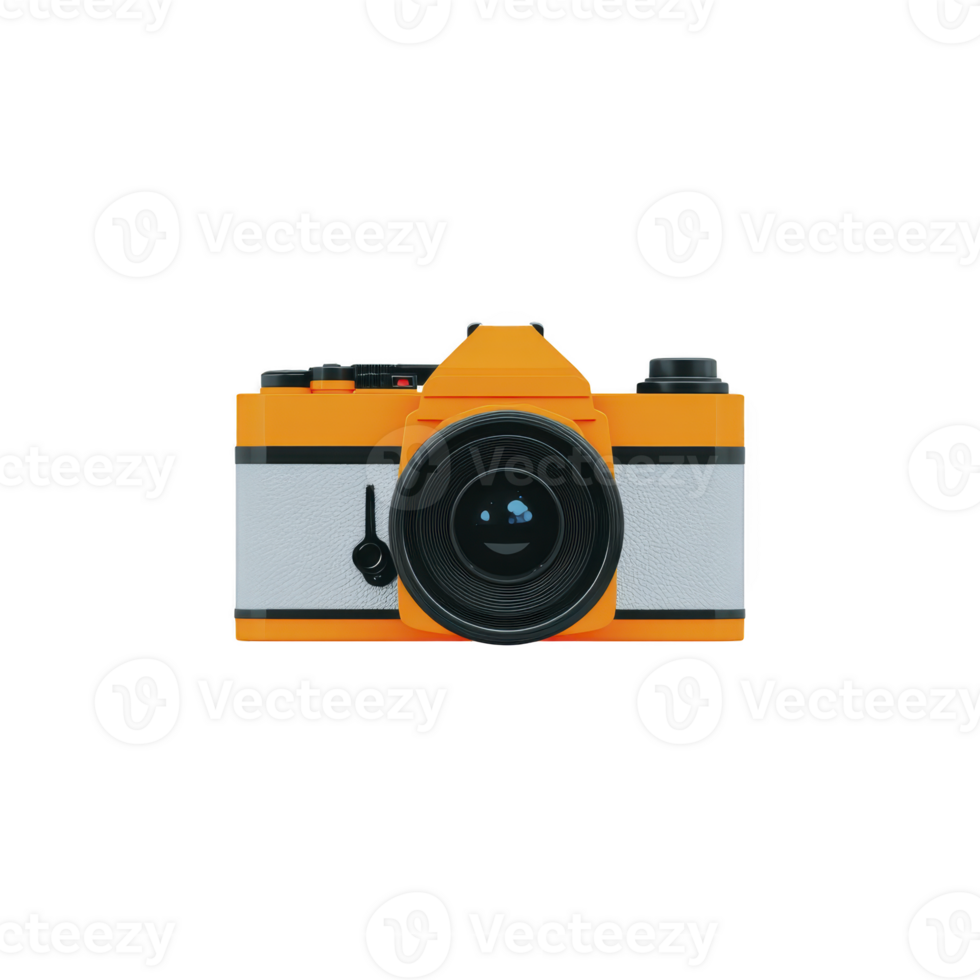Vintage style orange and white camera with black lens is centered against plain background, evoking sense of nostalgia and creativity png