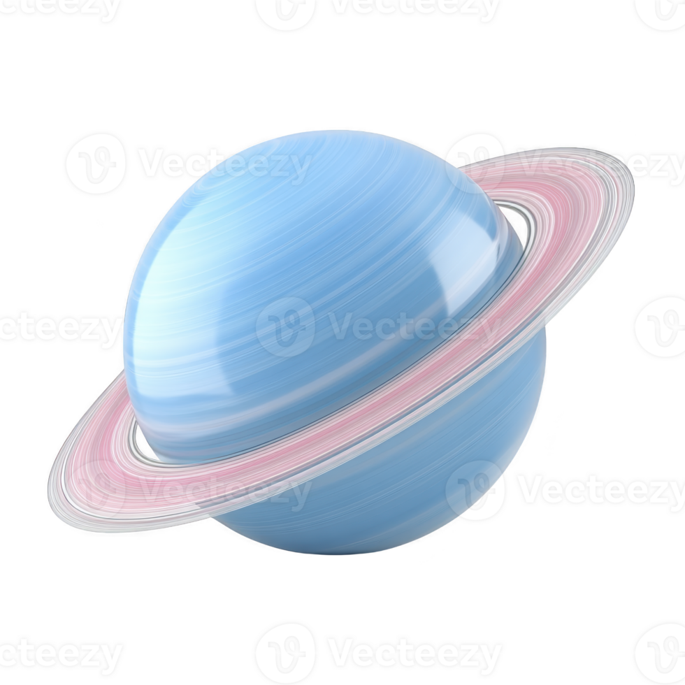Digitally rendered image of blue planet with rings, resembling Saturn, floating in space. planet surface has smooth texture, and rings are depicted in shades of pink and white png