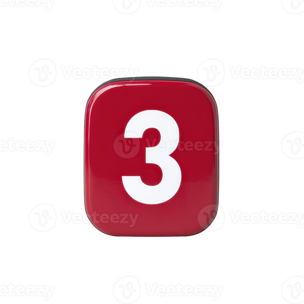 Red square button with number three in white, isolated on transparency background. button has glossy finish and rounded edges, creating modern and sleek appearance png