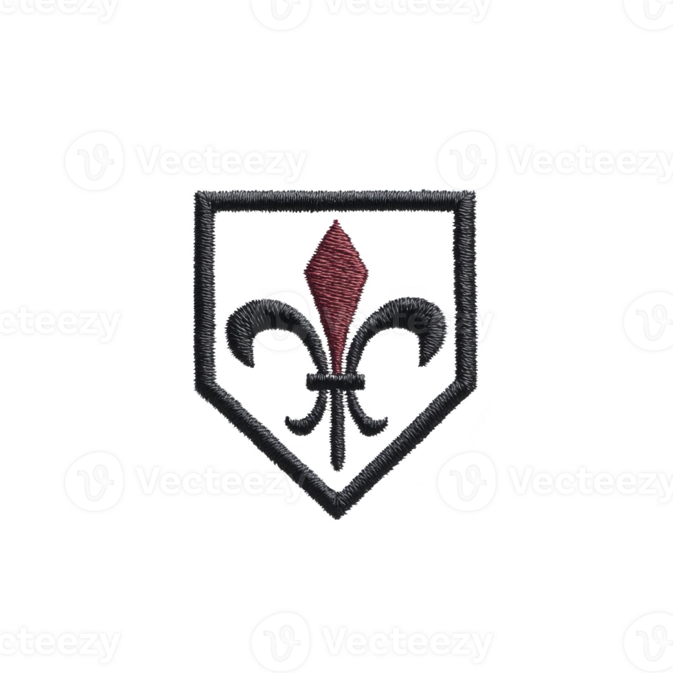 This features embroidered emblem with fleur de lis design gray and red, set within shield outline. fleur de lis is stylized lily often associated with heraldry and symbolism.fleur de lis emblem png