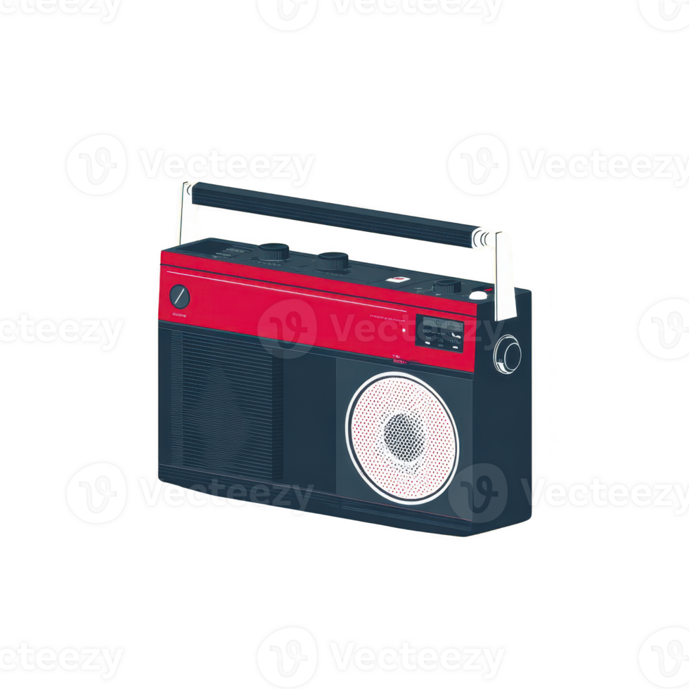 Vintage portable radio with red and black design, featuring large speaker and carrying handle, evokes nostalgia. retro style and classic look make it charming piece png
