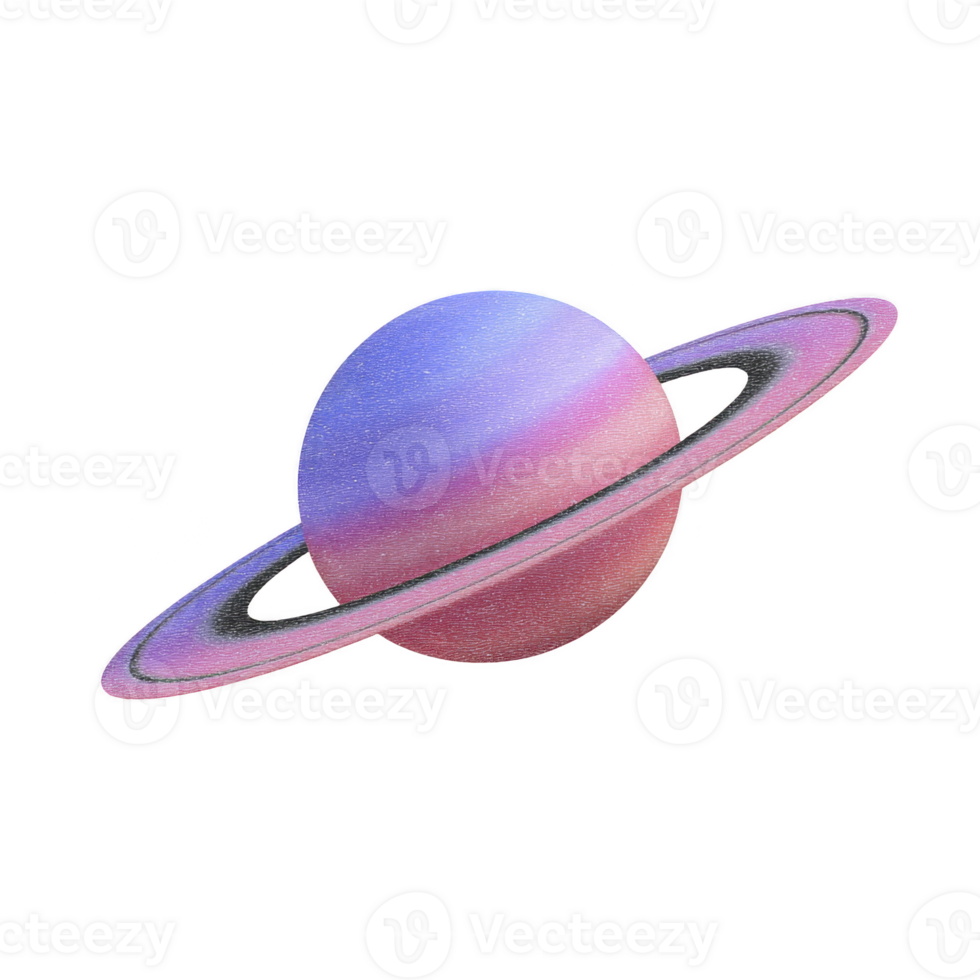 Vibrant illustration of planet with rings, resembling Saturn, in shades of pink and blue, set against transparent background. cosmic design evokes sense of wonder and exploration png