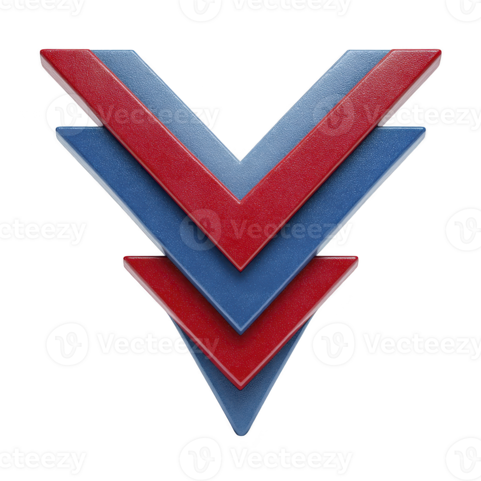 This features geometric design with three overlapping chevrons red and blue, creating bold and dynamic visual effect. chevrons are arranged downward pointing formation.chevron design with red png