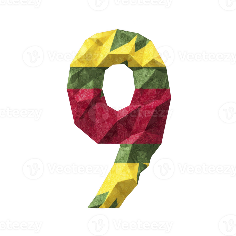 Colorful number nine is designed with geometric pattern in red, yellow, and green, creating vibrant and artistic appearance. textured surface adds depth and interest png