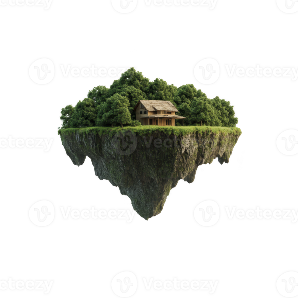Rustic wooden cabin sits atop floating island covered in lush green trees, creating serene and magical atmosphere. island appears to be suspended in mid air, surrounded by clear skies png