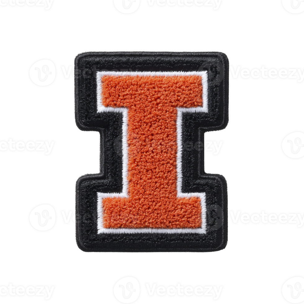Orange and black varsity letter patch in shape of letter I with textured surface. patch features bold design with white outline, commonly used for jackets png