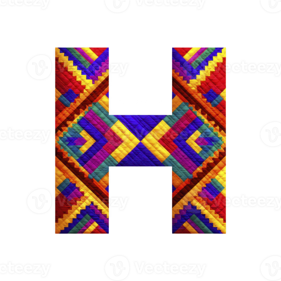 Colorful quilted letter H with vibrant geometric patterns, featuring red, blue, yellow, and orange hues, creating bold and artistic design png