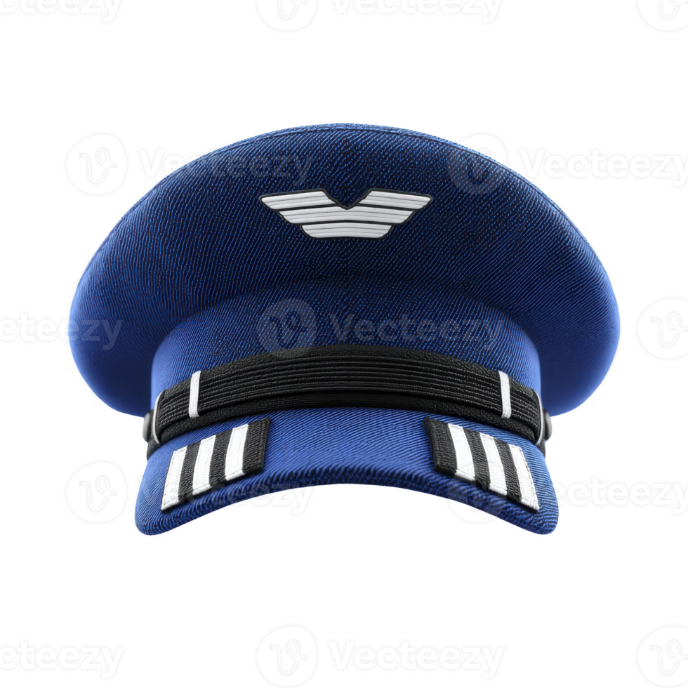Blue pilot cap with silver emblem and black visor, featuring white stripes, is displayed against plain background. cap exudes sense of authority and professionalism png