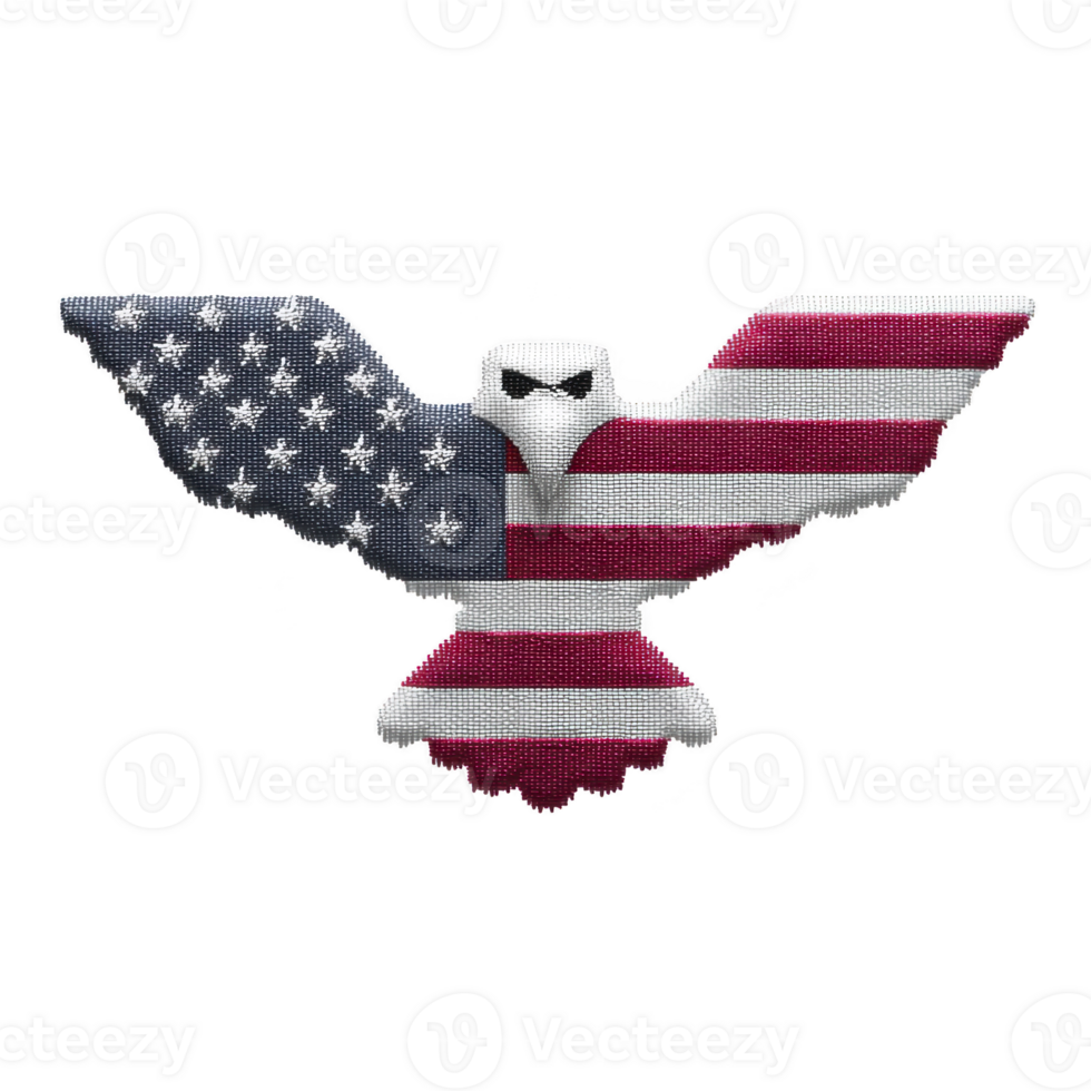 Eagle with wings spread wide features American flag design, symbolizing patriotism and freedom. left wing displays stars on blue background, while right wing has red and white stripes png