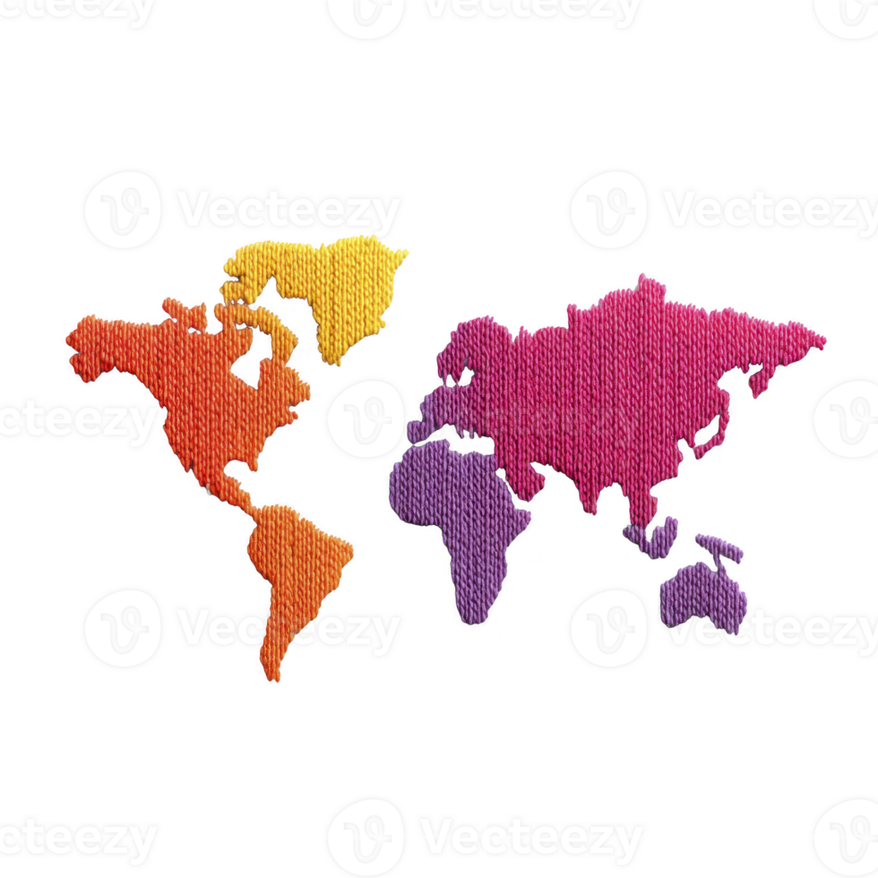 Colorful, textured world map illustration features continents in vibrant shades of orange, yellow, pink, and purple, creating visually engaging and artistic representation png