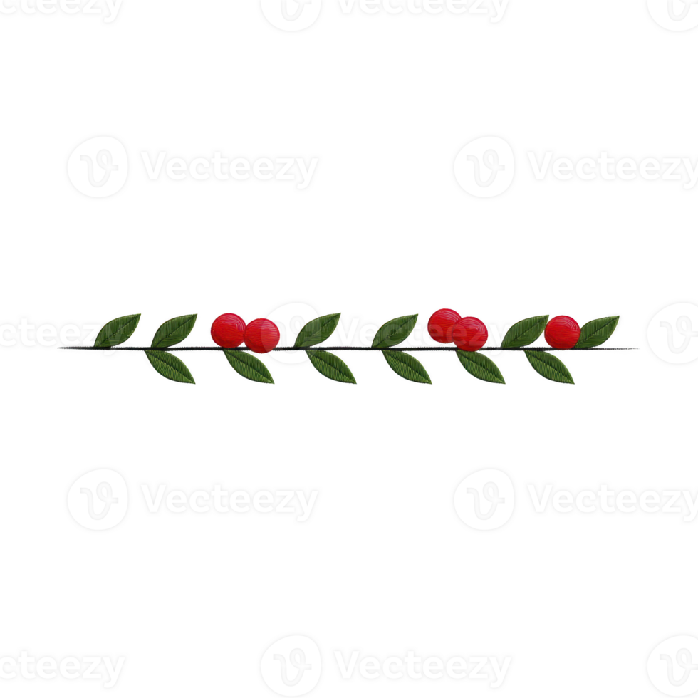 Delicate branch with vibrant red berries and lush green leaves, arranged in linear pattern. simplicity and natural beauty evoke sense of tranquility and elegance png