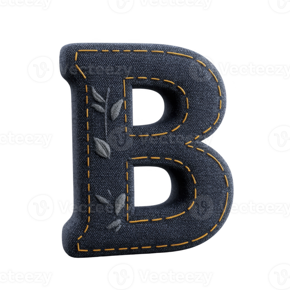 Decorative letter B with denim texture and yellow stitching, featuring subtle leaf patterns, creates stylish and artistic design png
