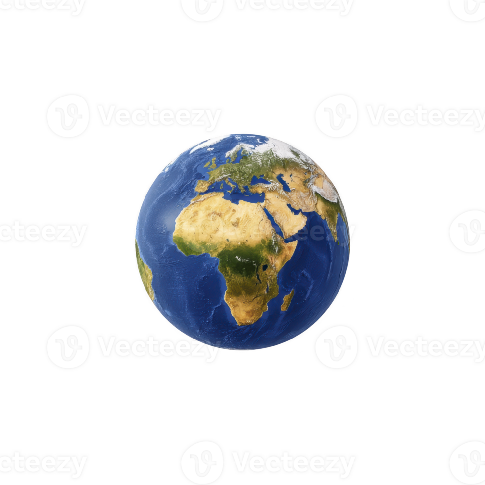 Detailed image of Earth showcasing continents and oceans, highlighting Africa, Europe, and Asia. globe is set against transparency background, emphasizing its vibrant colors png