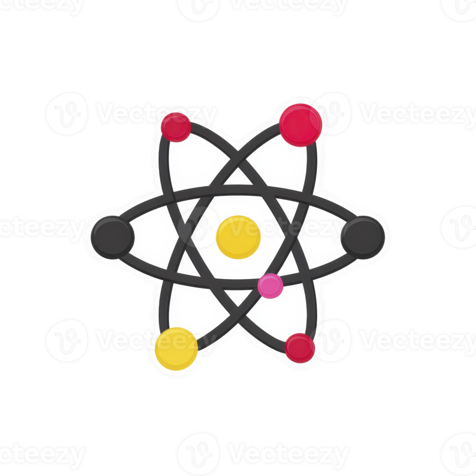 Illustration of atom with colorful electrons orbiting central nucleus, symbolizing science and physics concepts. design is simple and educational png