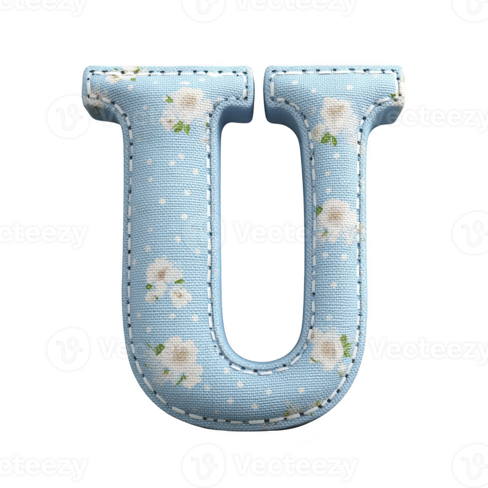 Blue fabric letter U with floral pattern and white stitching creates charming and decorative look png