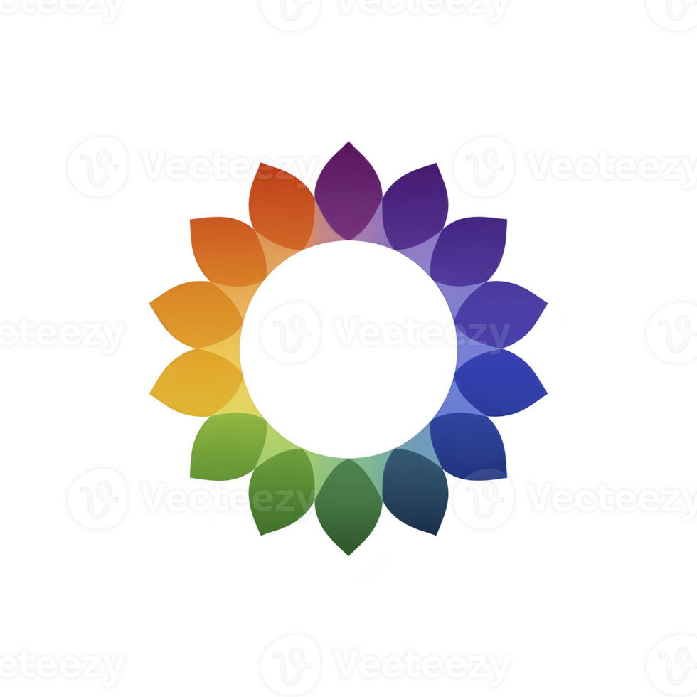 Vibrant circular design features gradient of colors forming petal like shapes, creating harmonious and eye catching pattern. colors transition smoothly, evoking sense of unity and balance png