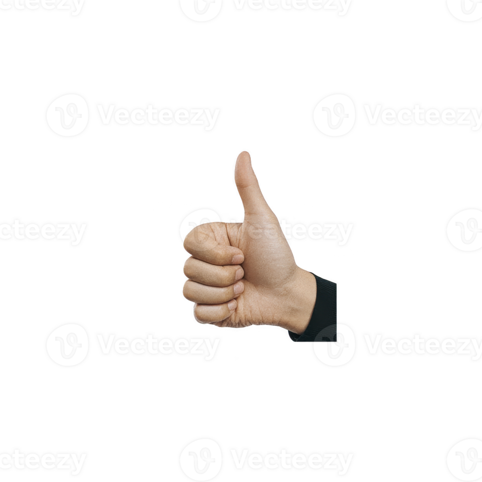 Hand showing thumbs up gesture against plain background, symbolizing approval or agreement. image focuses on hand position and expression png