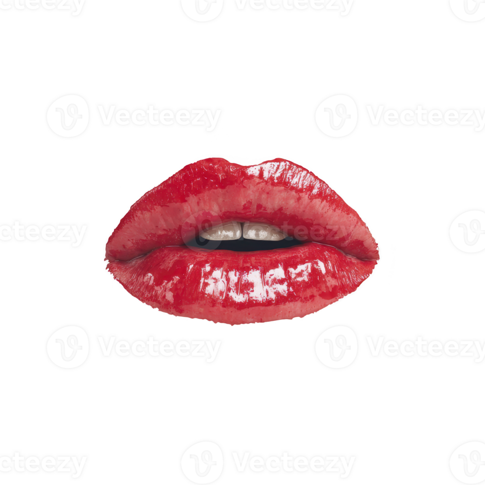 Red glossy lips with shiny finish, slightly parted to reveal teeth, create bold and striking visual. vibrant color and gloss add touch of glamour and allure png