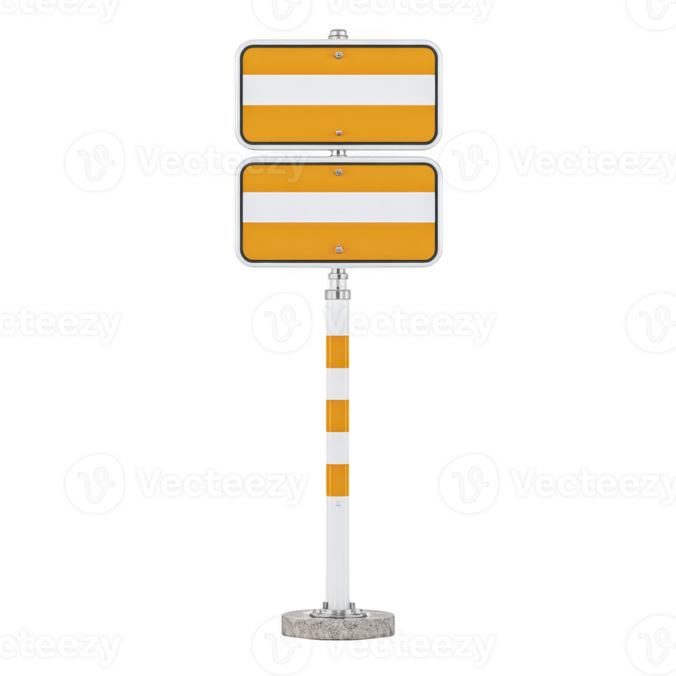Blank yellow and white road sign with two rectangular panels on metal pole, isolated on transparency background. sign is ready for custom text or symbols png