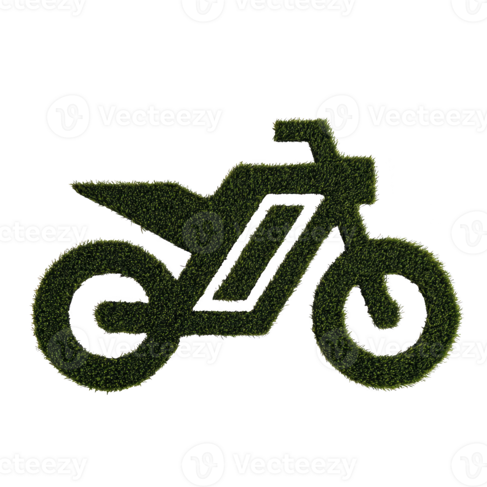 Motorcycle silhouette is creatively designed with grass texture, symbolizing eco friendly transportation and sustainability. image blends nature with technology, evoking sense of innovation png