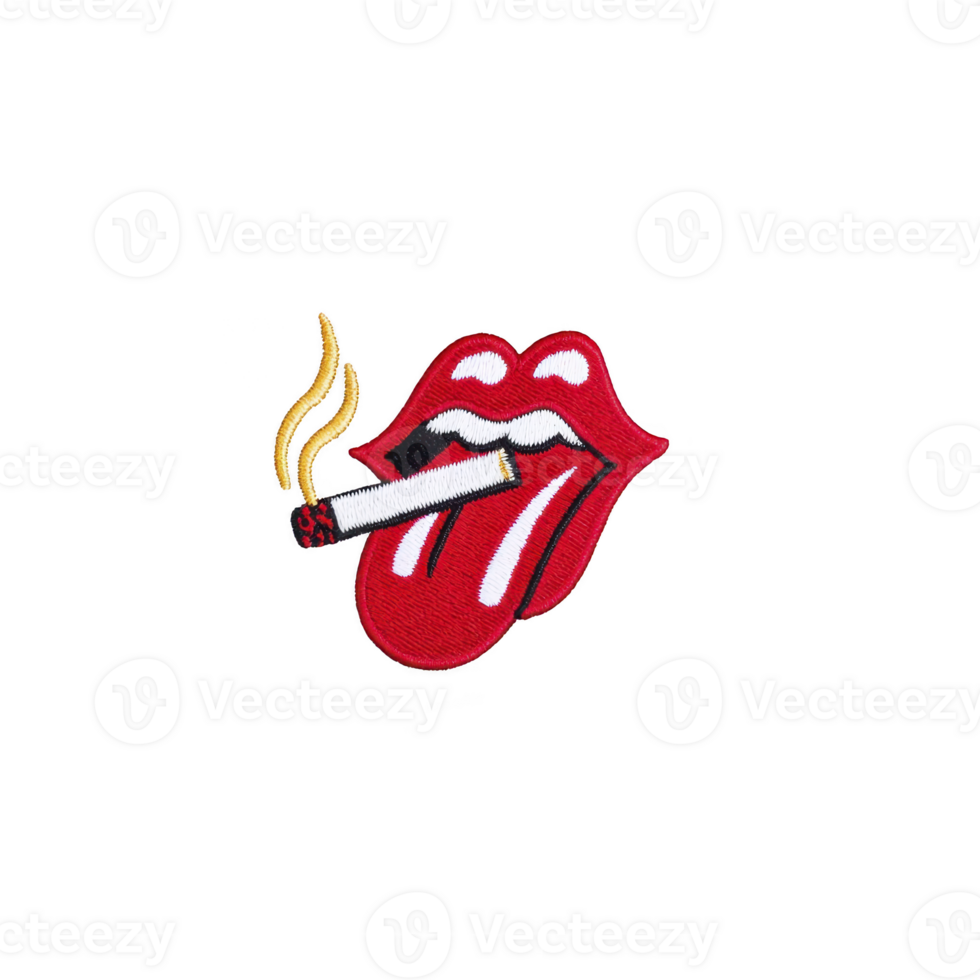 Red tongue sticking out with cigarette in its mouth, emitting smoke, on transparency background. design is bold and colorful, conveying rebellious and edgy vibe png