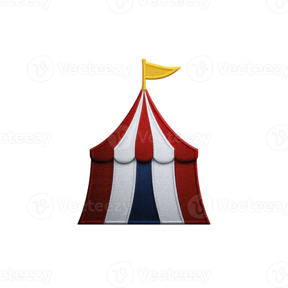 Colorful circus tent with red, white, and blue stripes and yellow flag on top evokes sense of fun and excitement png