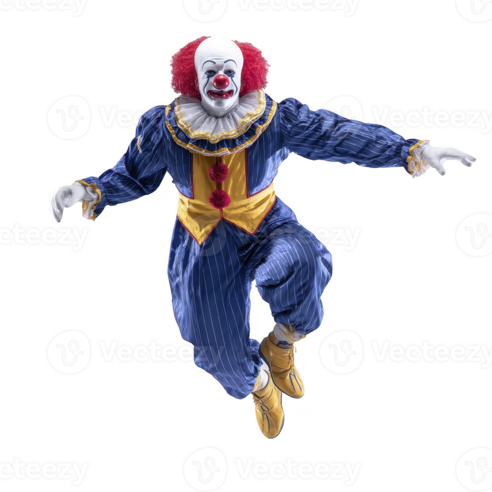 Clown in blue and yellow costume with red hair and white face is jumping energetically. clown expression is playful, with red nose and colorful outfit adding to lively appearance png