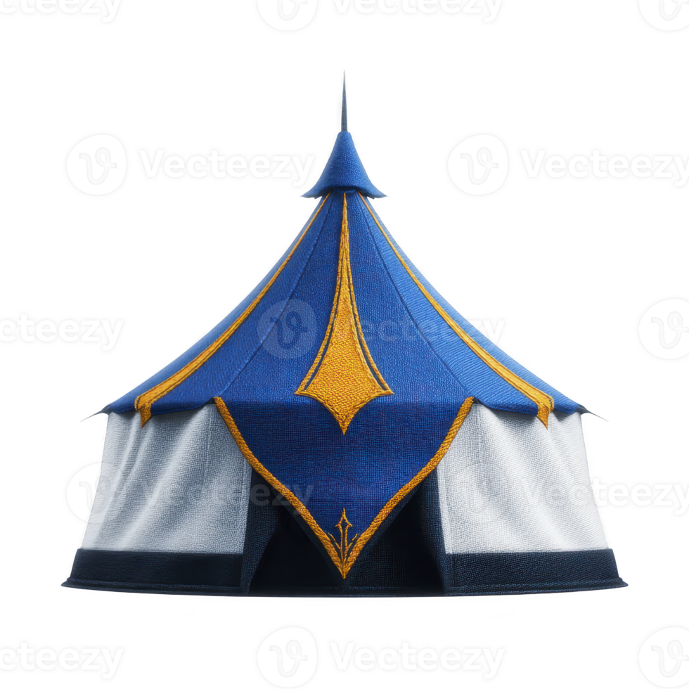 Colorful medieval style tent with blue and gold accents, featuring pointed roof and decorative patterns, evokes sense of adventure and historical charm png
