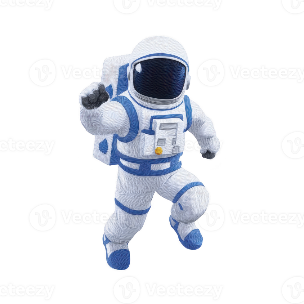 Cartoon astronaut in white and blue spacesuit is floating in space, showcasing playful and adventurous expression. character is equipped with helmet and backpack, symbolizing exploration png
