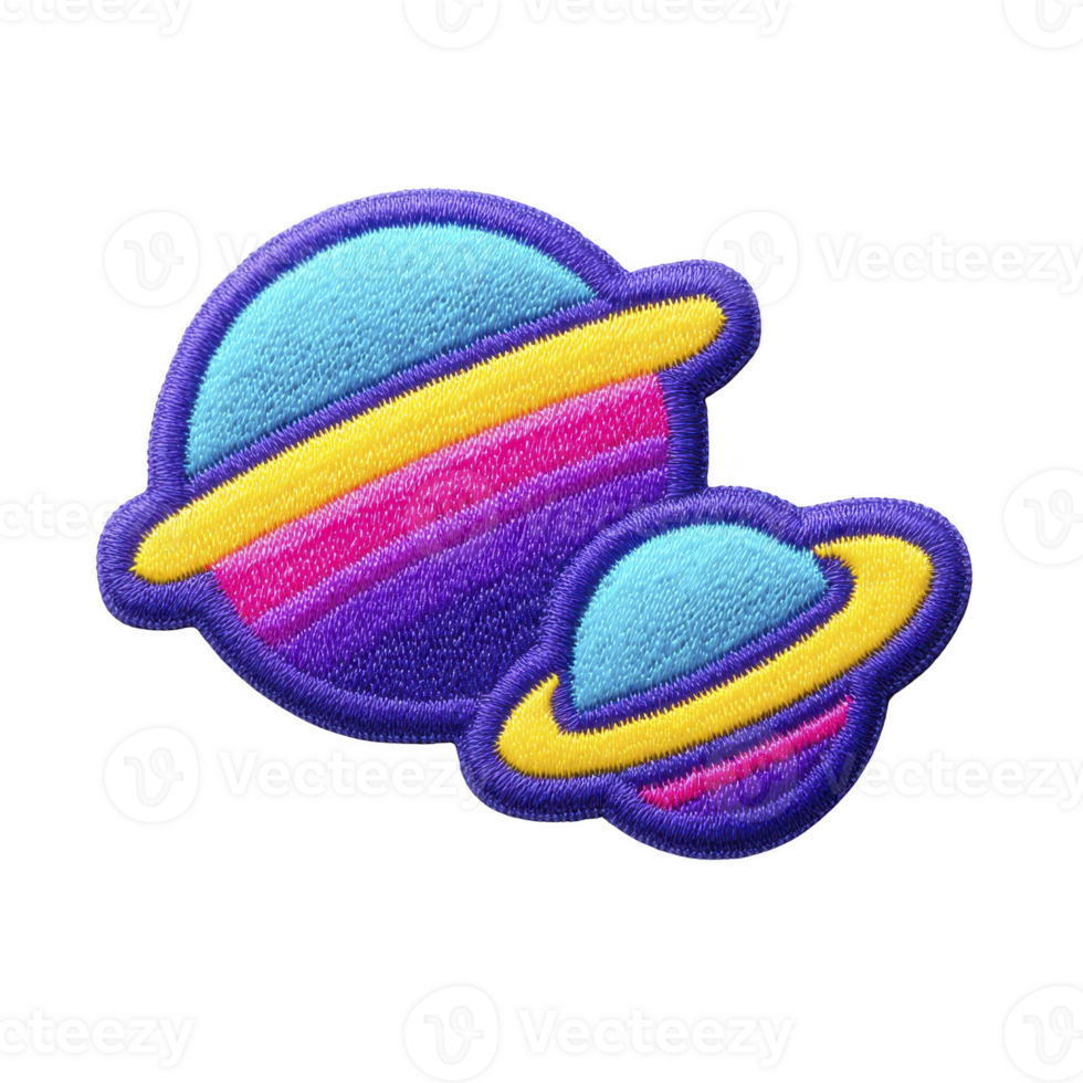 Colorful embroidered patches of two planets with rings, featuring vibrant blue, purple, and yellow hues, evoke playful and cosmic theme png
