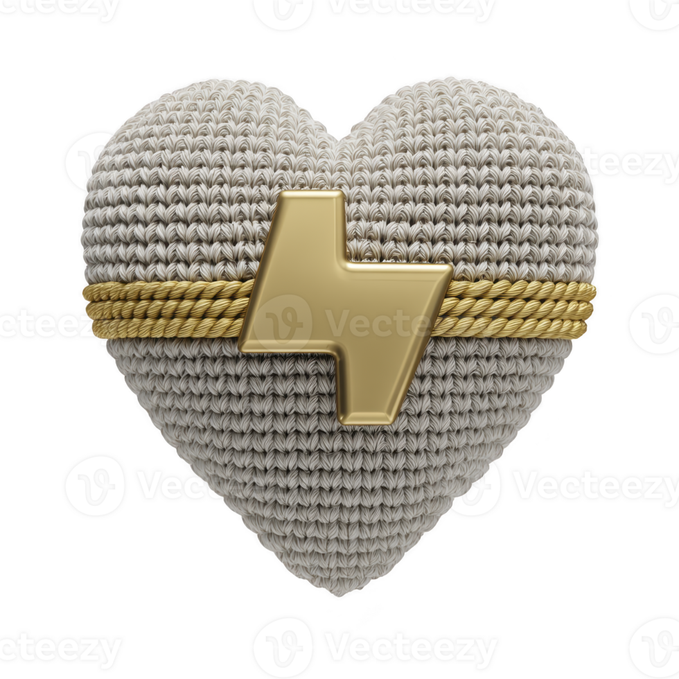 Knitted heart with gold rope and lightning bolt design symbolizes love and energy. intricate texture and metallic accents create unique and stylish appearance png