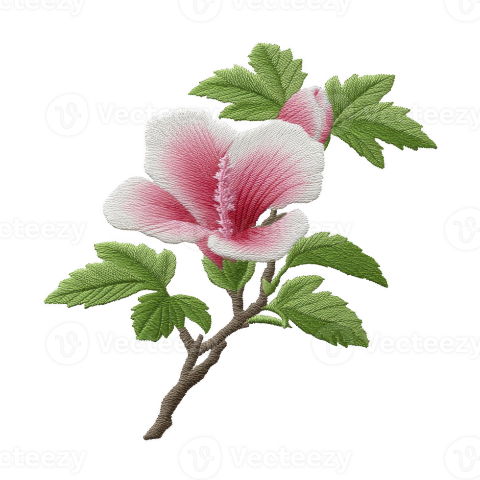 Delicate pink hibiscus flower with green leaves is intricately embroidered, showcasing detailed stitching and vibrant colors. design captures elegance and beauty of nature png